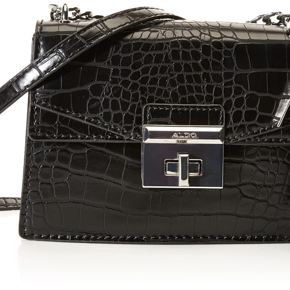 Aldo Glossy Black Croc-Pattern Crossbody Bag